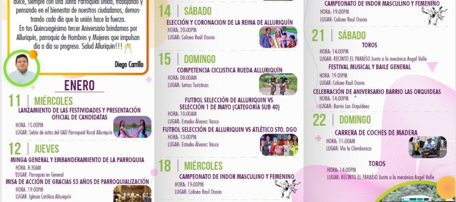 GUIA DE EVENTOS A REALIZARSE POR EL QUINCUAGESIMO TERCER ANIVERSARIO DE PARROQUIALIZACION